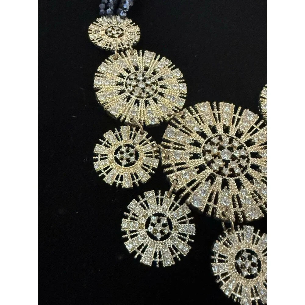 Statement Necklace W/ Gold-toned Filigree Discs & Rhinestone Accents
